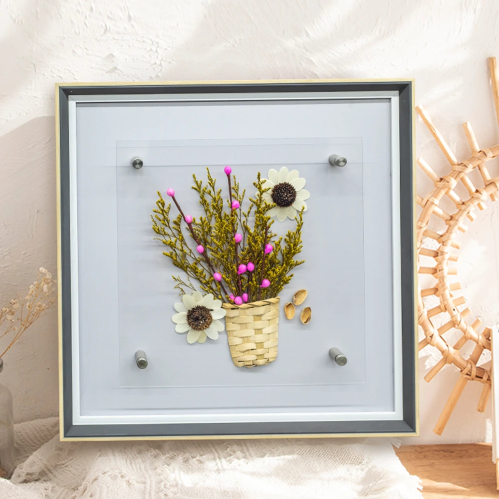 2025新款干花干草墙上装饰画实物画花卉餐厅挂画实物摆台花瓶4040