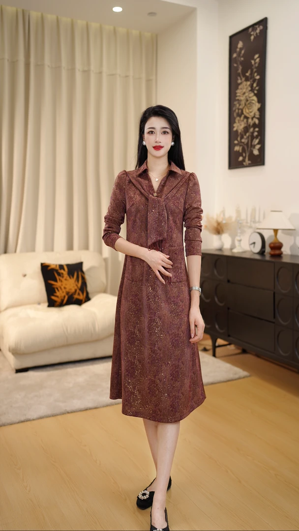 【 迷迭晚霞】飘带围巾轻奢女秋新款妈妈装收腰显瘦高端精致裙5Q132