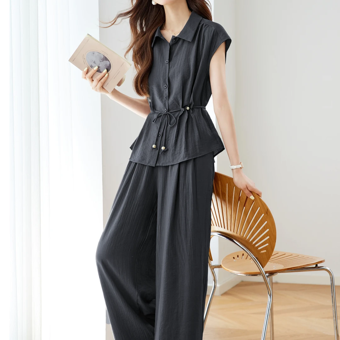 时尚不规则衬衫2025夏季新款遮肉显瘦休闲阔腿裤套装M102