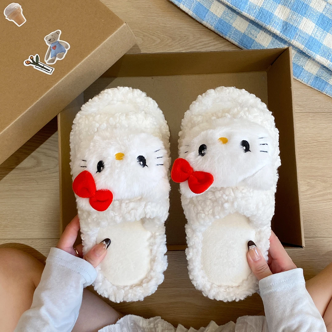 甜美红结KT猫棉拖鞋女秋冬季新款厚底保暖外穿毛毛拖鞋女一字棉鞋