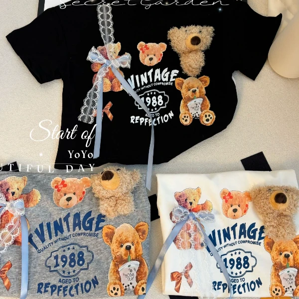 2025新款~儿童女宝时尚卡通立体玩偶休闲百搭宽松短袖棉T恤