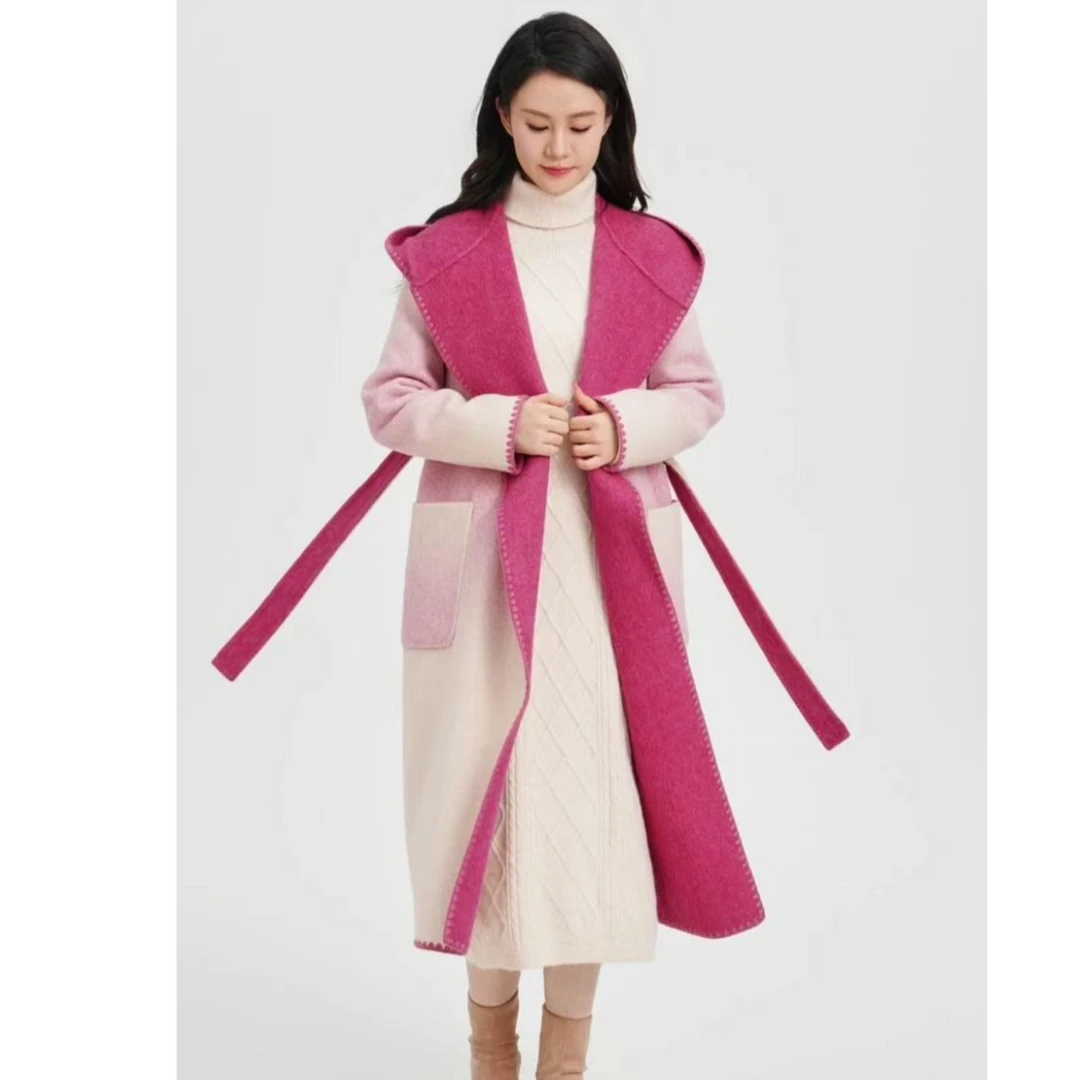 【路家姐妹】时尚轻奢设计师双面渐变色系高级感加厚羊毛连帽大衣