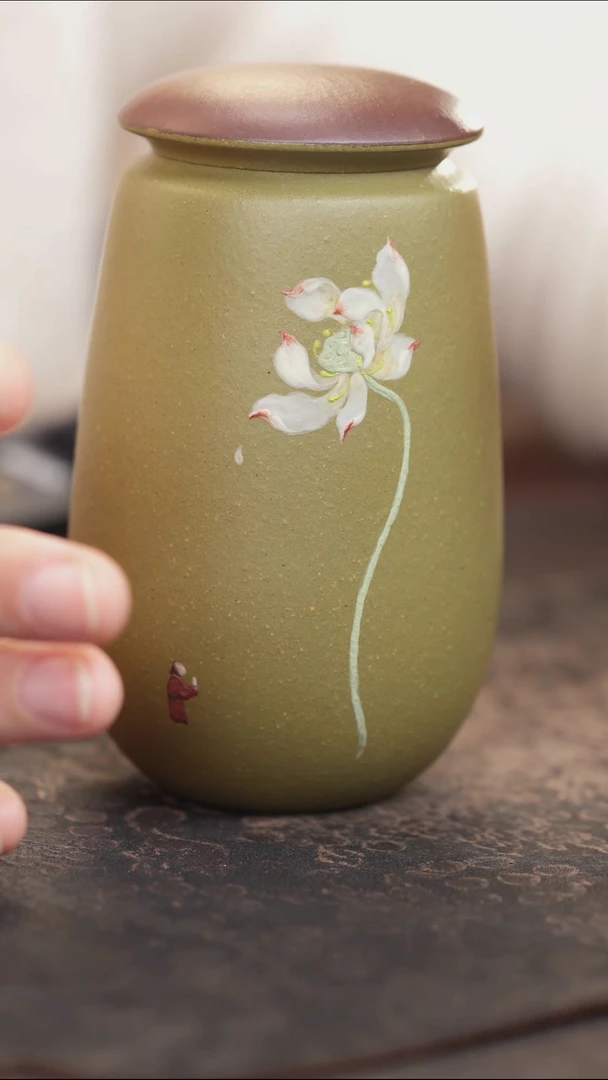 紫砂茶叶罐小罐豆青泥泥绘荷花
