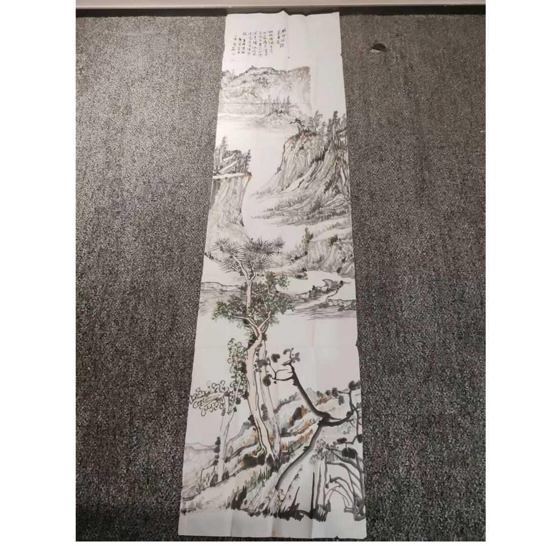 国画唐书安山水画《脱俗求精意自高》136*34cm