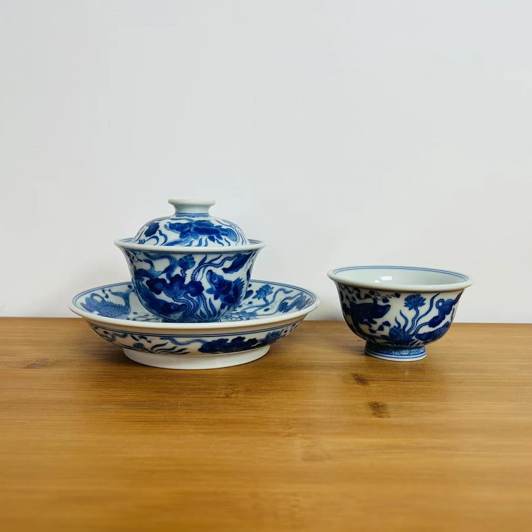 刘建锋窑青花鱼藻压手杯盖碗壶承纯手工手绘柴窑陶瓷鱼藻纹泡茶具
