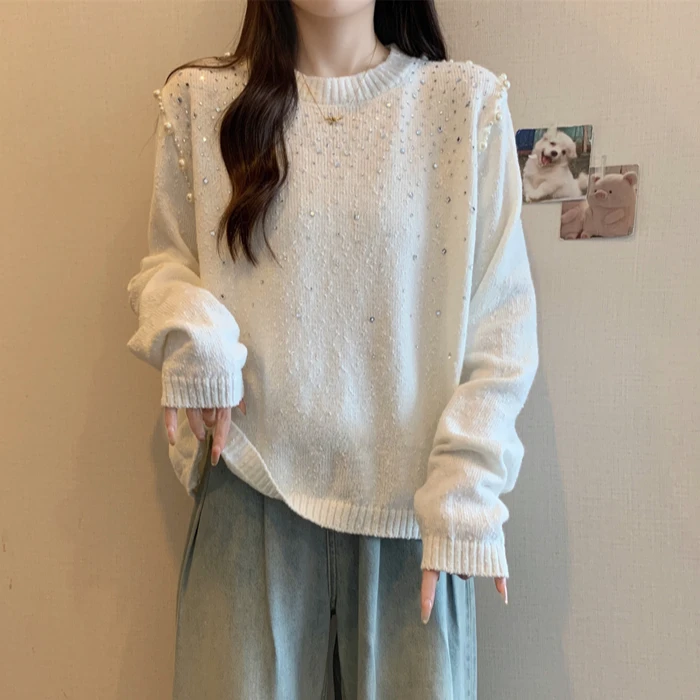 法式钉珠镶钻白色针织衫女春装大码高级感毛衣宽松慵懒风套头衫
