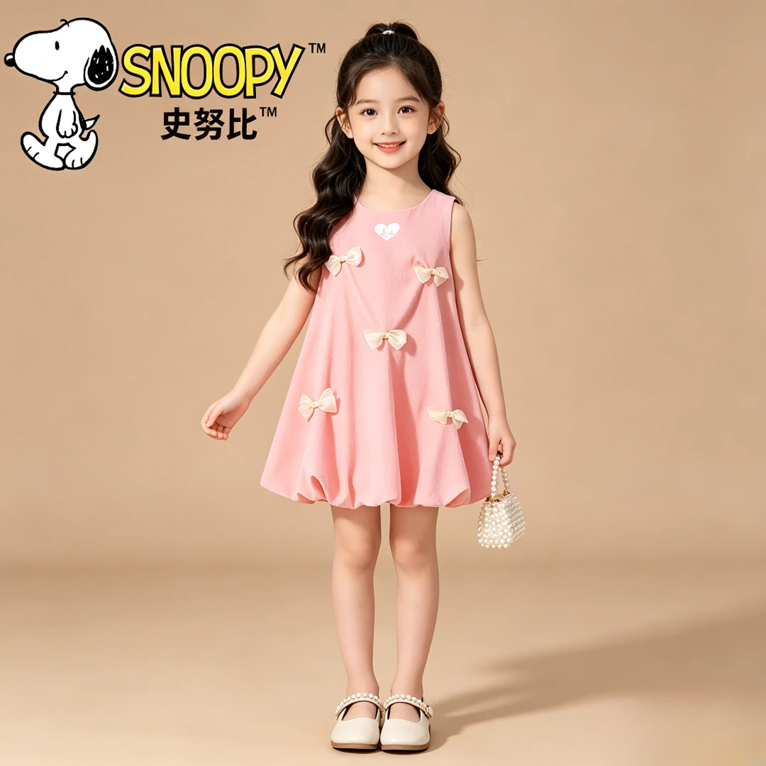 Snoopy/史努比2026新款夏款甜美洋气粉金蝴蝶结连衣裙儿童公主裙T