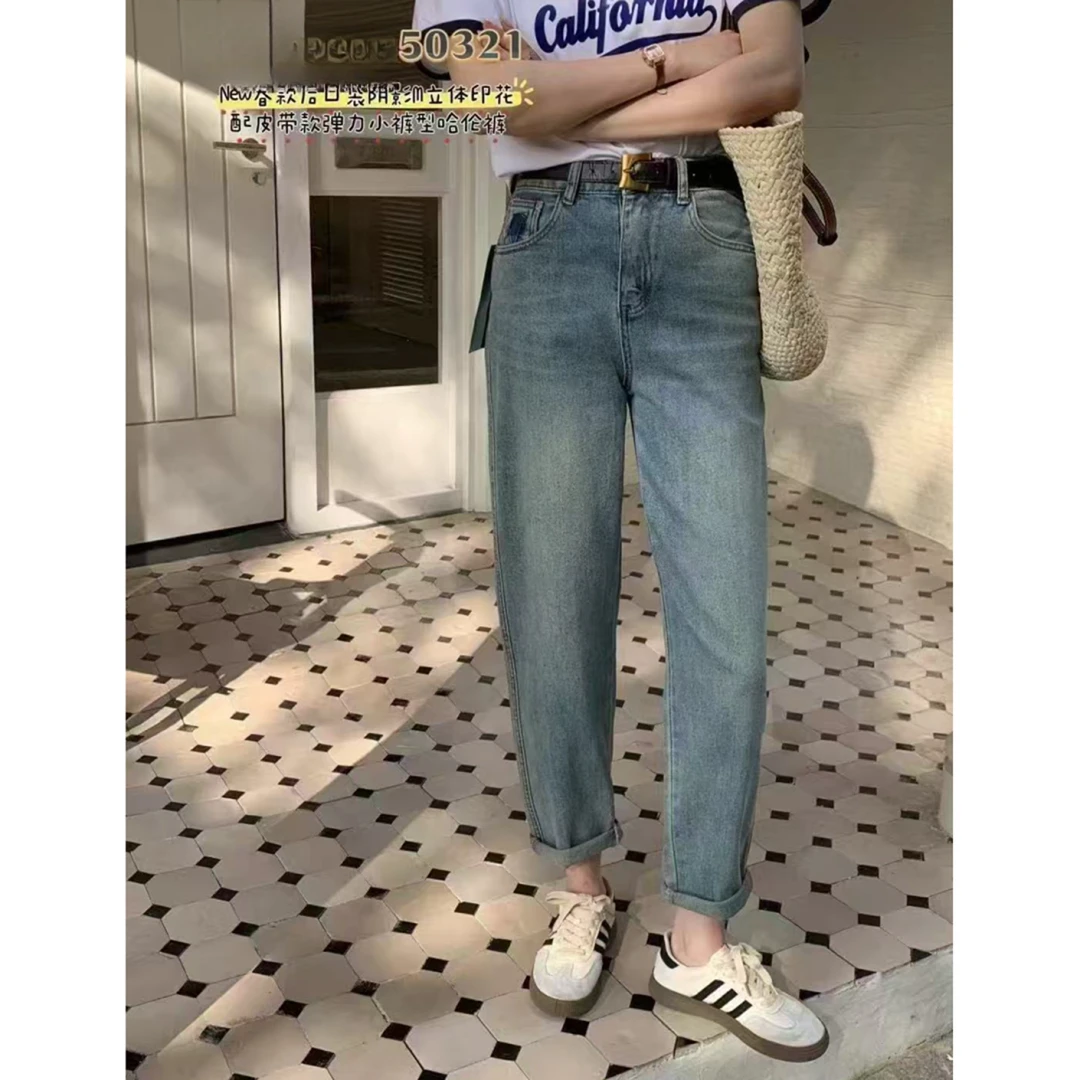 春款女皮带款弹力小裤型哈伦牛仔裤