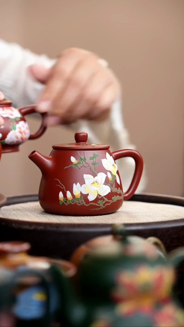 茶壶紫砂朱泥高石瓢泥绘玉兰006