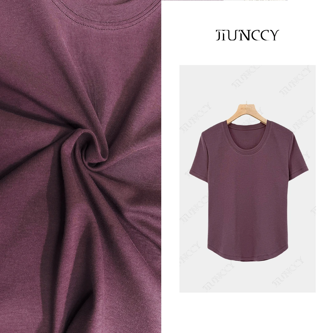 JIUNCCY 【空气感】夏季休闲简约U领半弧下摆设计短袖T恤 52YTX001
