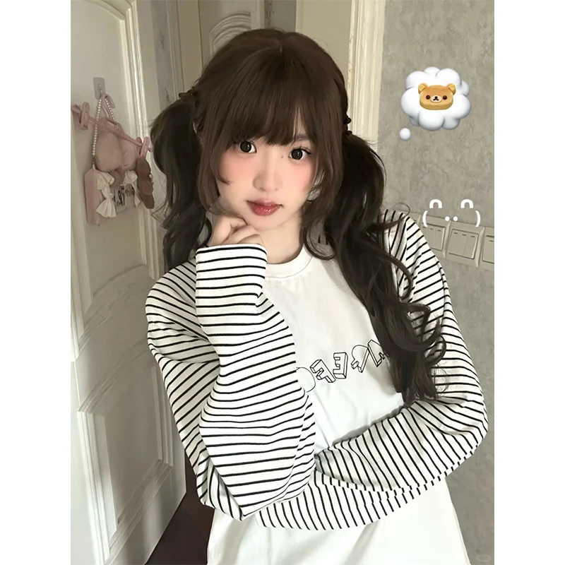 日式萌系可爱设计感圆领长袖女休闲小众宽松百搭条纹T恤时尚复古