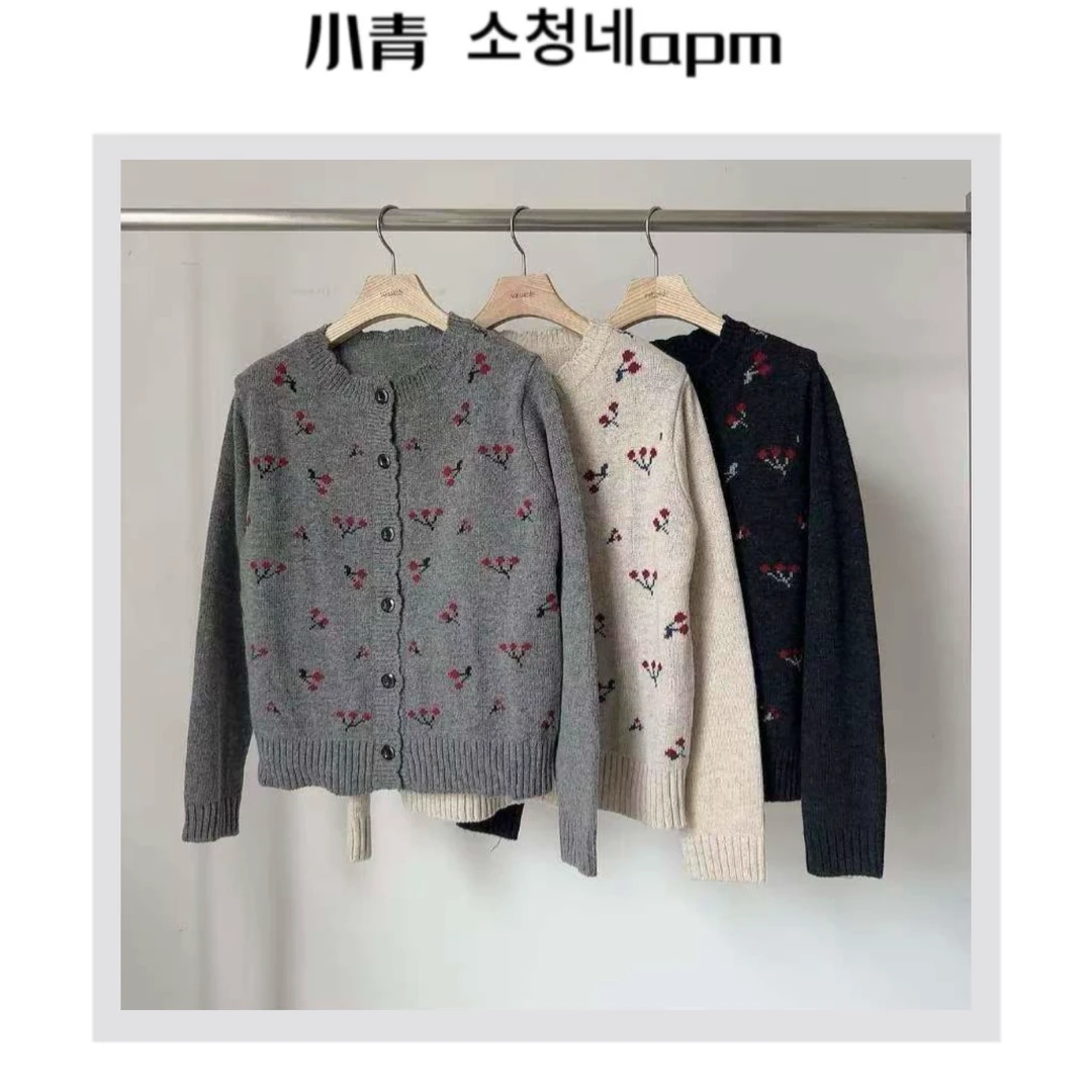 韩国东大门 VL/花边领樱桃花毛衣开衫
