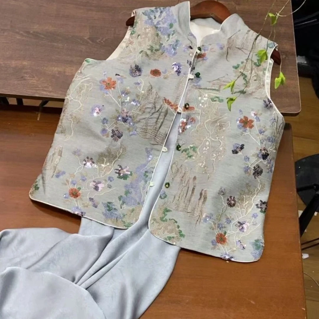 薄款刺绣古风夏季唐装时尚中式提花网红女士无袖上衣背心复古