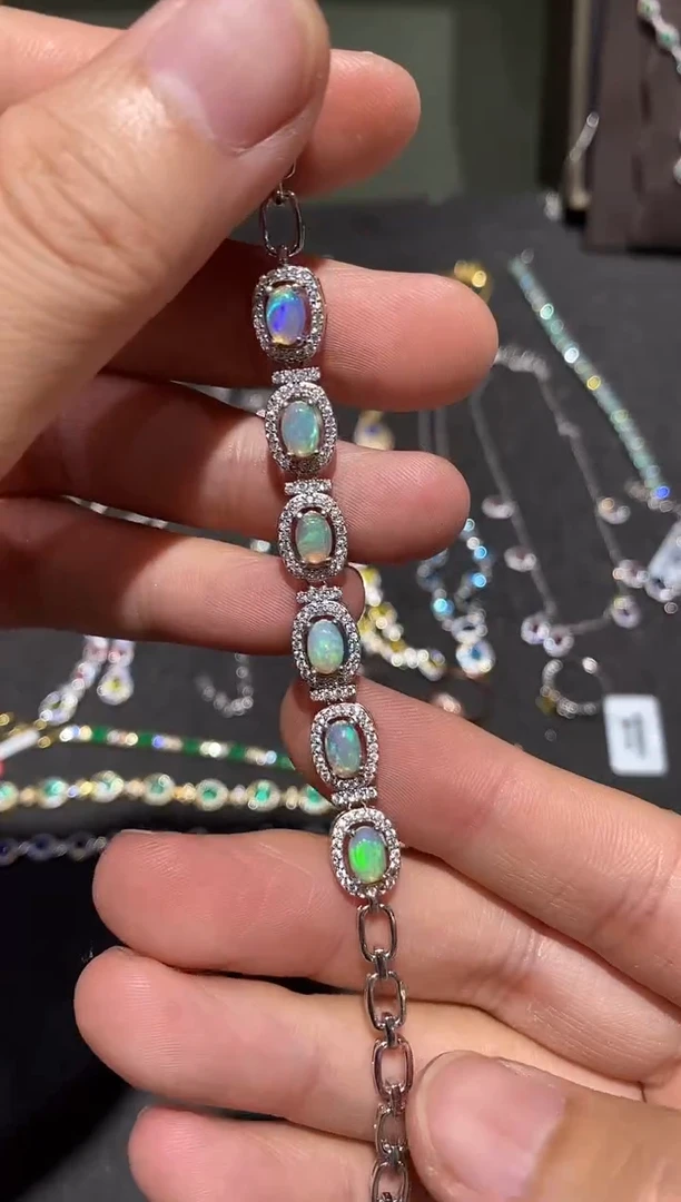 银S925镀金镶嵌欧泊手链手链