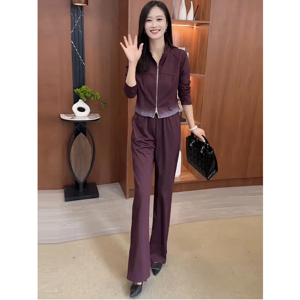 时尚休闲运动套装女2025秋季新款双头拉链短款上衣渐变显瘦两件套