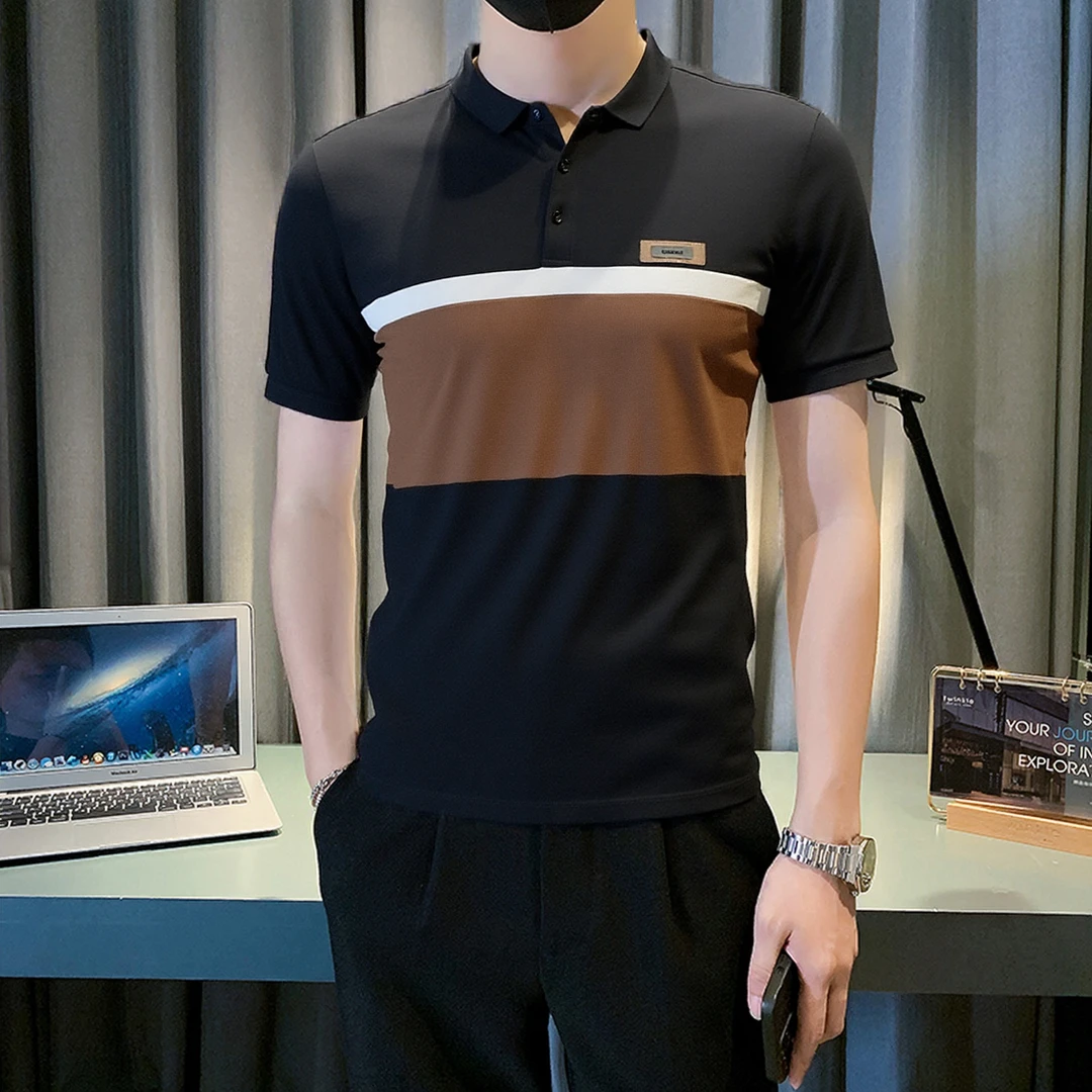 男潮流轻奢撞色翻领短袖高级感拼接polo衫男夏季帅气修身半袖T恤