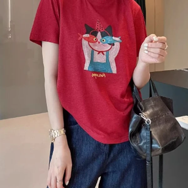 小猫爱吃鱼印花短袖T恤女夏季洋气减龄宽松显瘦圆领红色体恤上衣