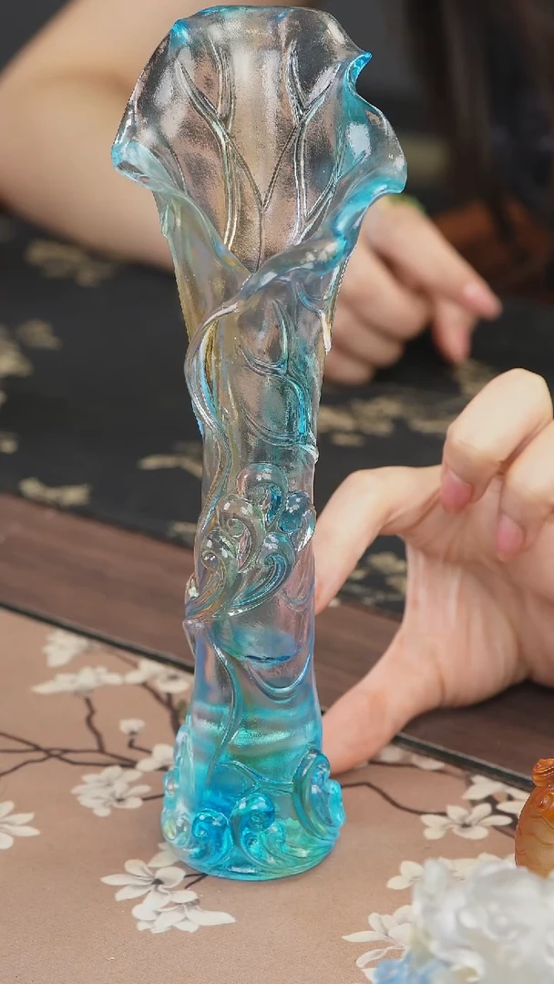 手工艺品琉璃娜****?蓝色荷叶荷花花瓶