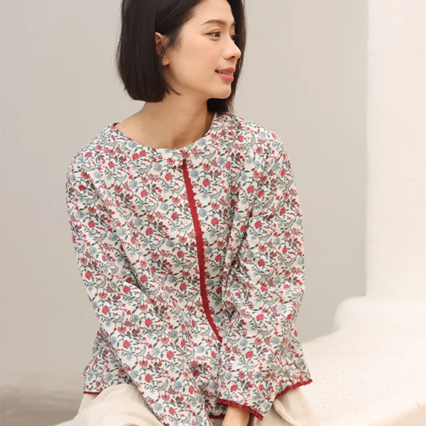 无色无味 【蜜意生活】全棉印花田园休闲拼接长袖圆领衬衫