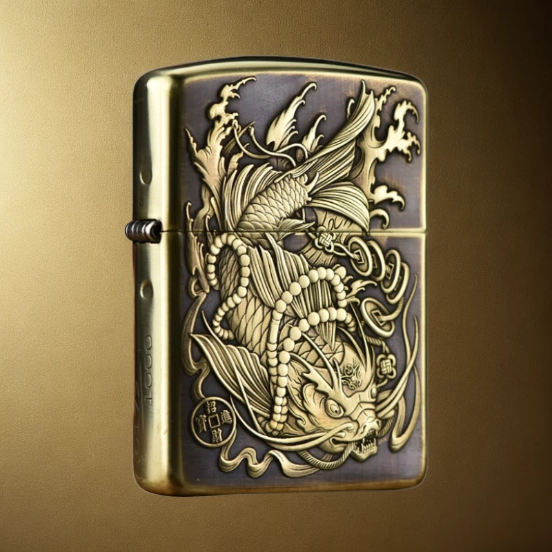 zippo火机打火机铜盔甲浮雕鱼化龙男士礼物DY9912FD