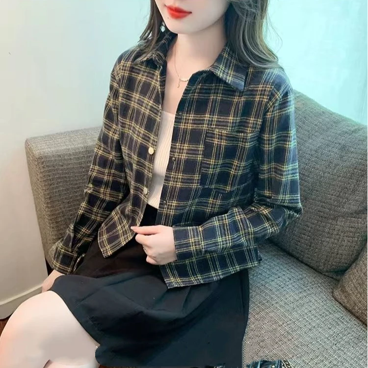 复古休闲外穿格子衬衫女春秋季小个子女款衬衣网红衬衫女款外穿
