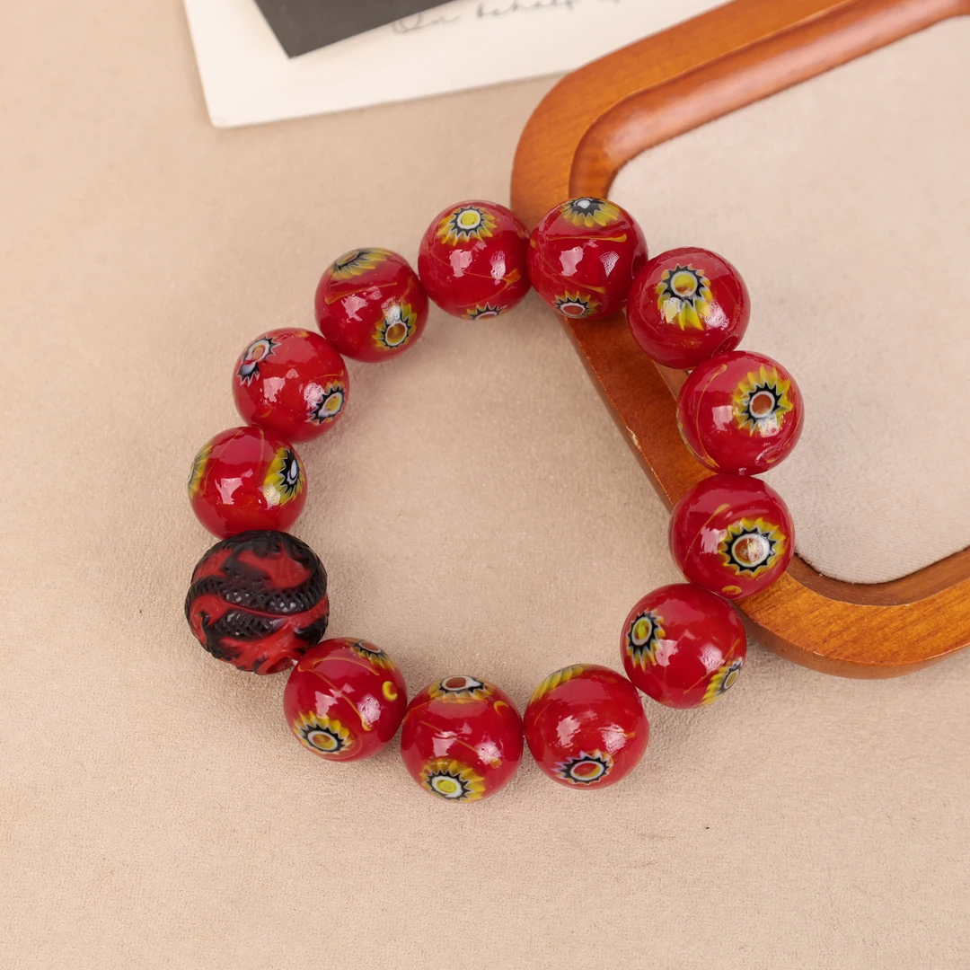 合金手链 LZ2666 黑红雕刻珠红色凤眼琉璃手链 雕刻图案随机