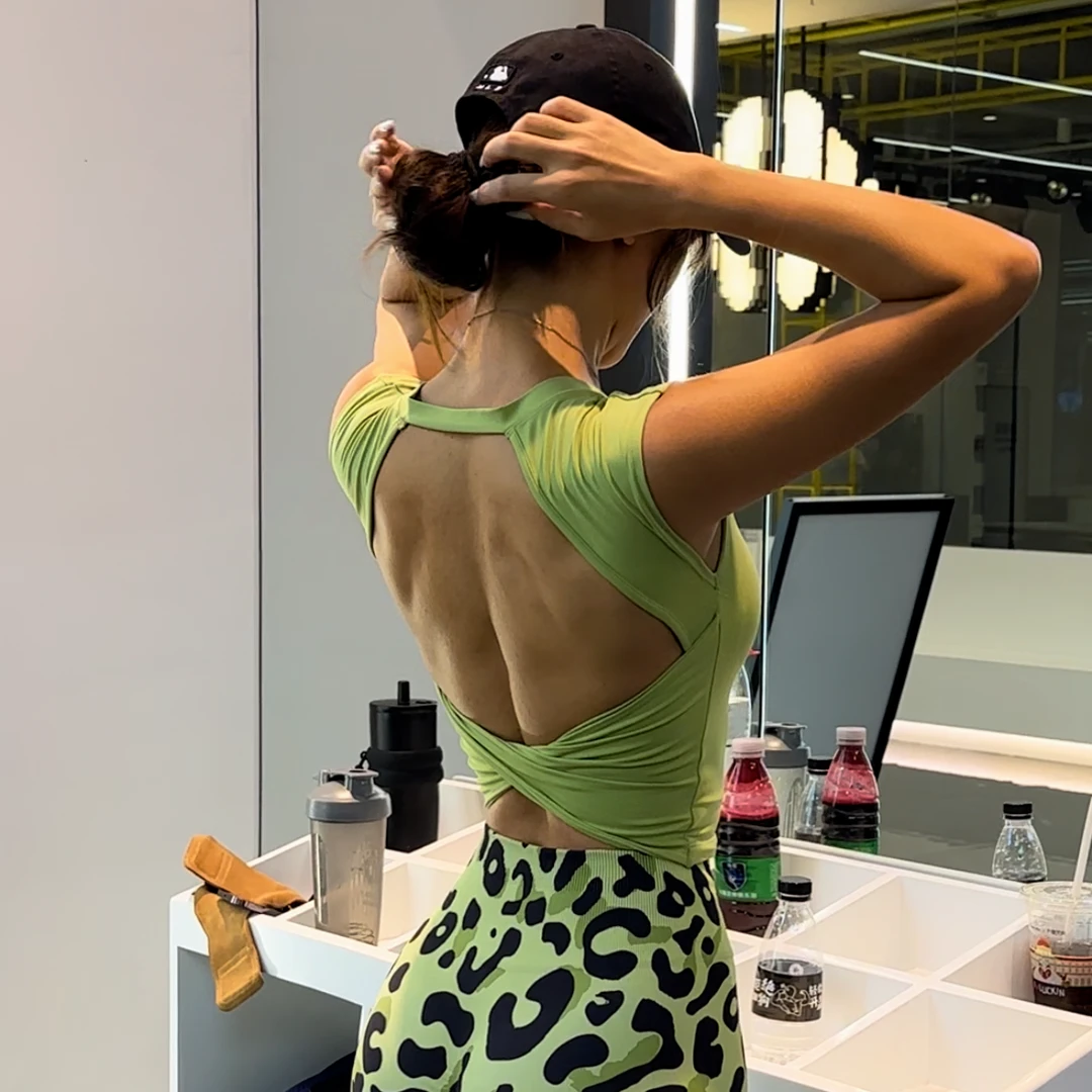 ALJS瑜伽短袖女固定式胸垫性感内搭露背短款运动收腰显瘦健身背心