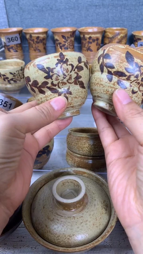 瓶*盖耀州窑柴灰釉手工主人杯两只