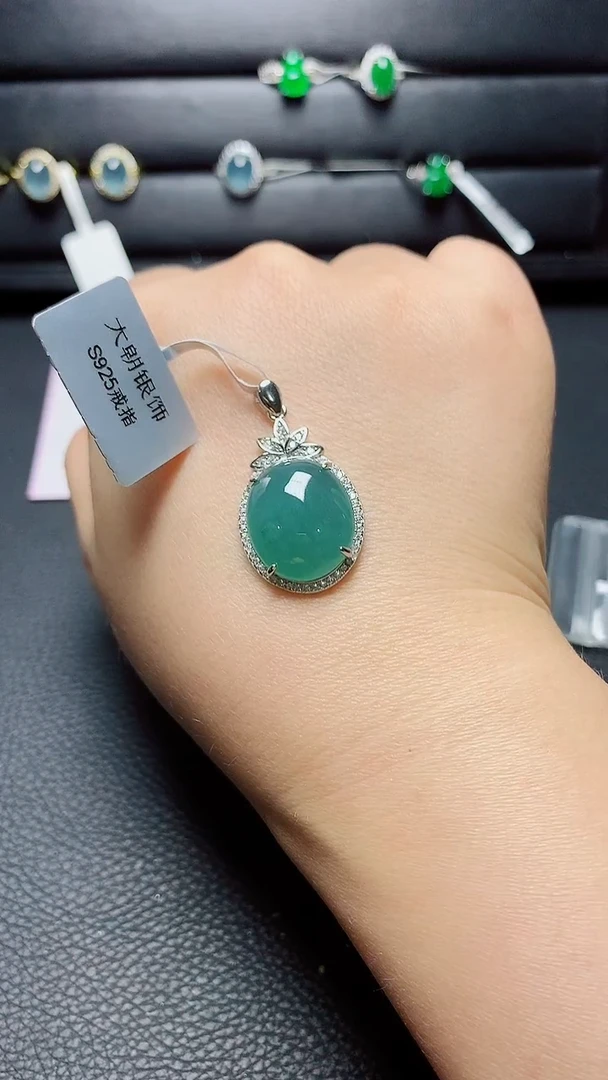 银S925镶嵌戒指翡翠 天然翡翠A货s925银镶