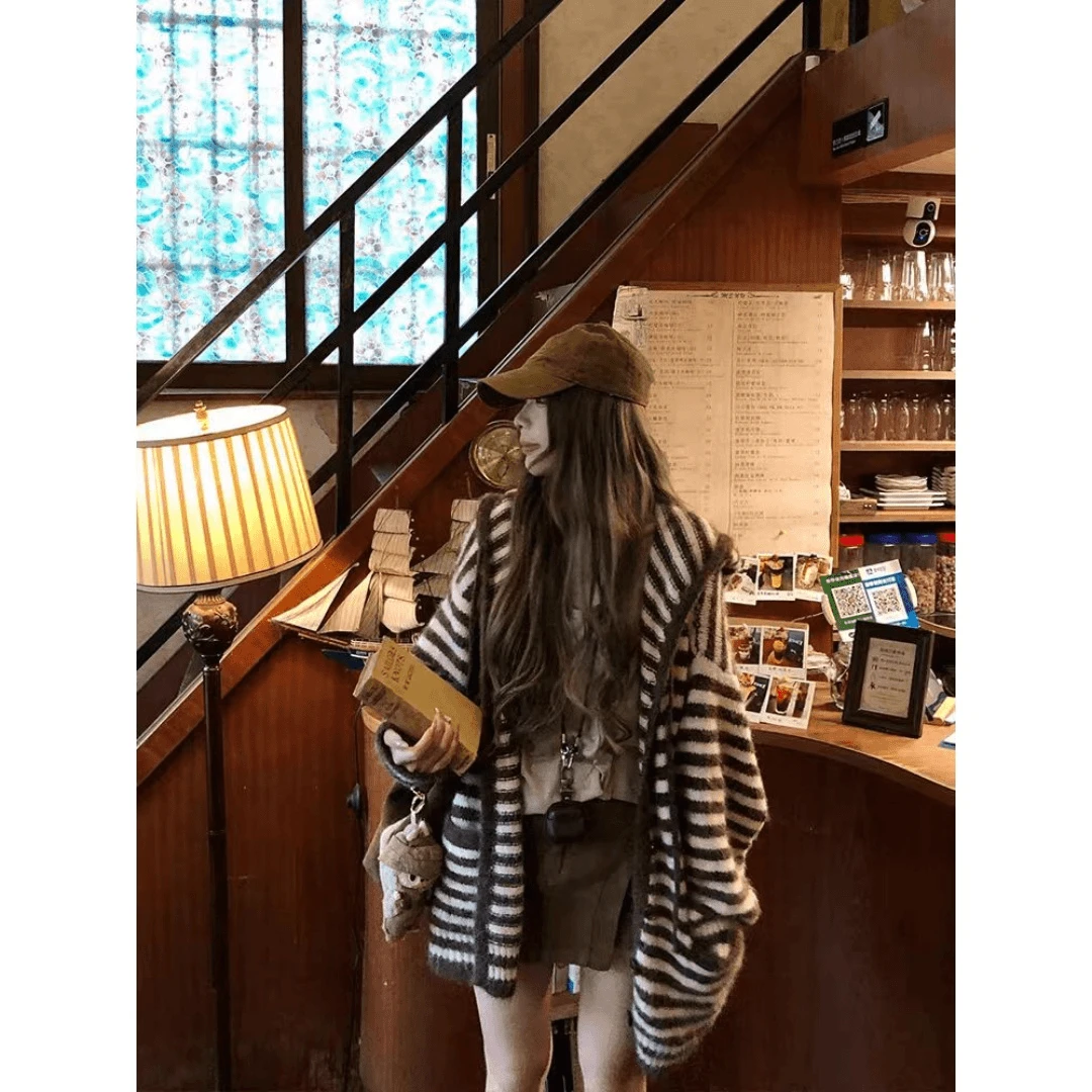韩系慵懒风软糯条纹连帽针织开衫女春秋宽松百搭毛衣外套