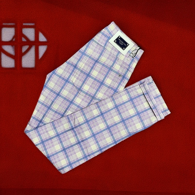 男士春夏薄款修身小直筒格子休闲裤时尚设计师经典方格格子裤格纹