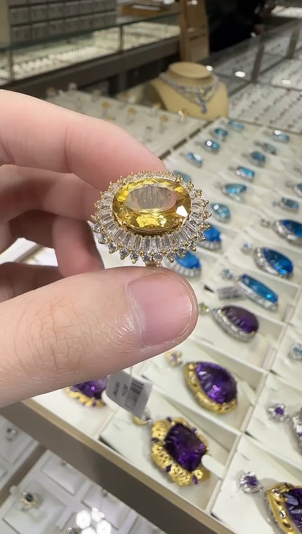 银S925镶嵌戒指黄晶10*14mm