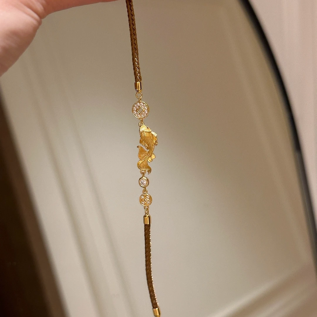 铜合金手链 新中式金色拉丝小鱼钱币手链复古轻奢小众高级感手饰