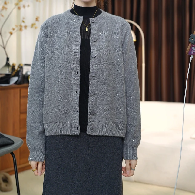 【纯羊毛】秋冬新款亮片时尚休闲百搭羊毛圆领针织衫84101