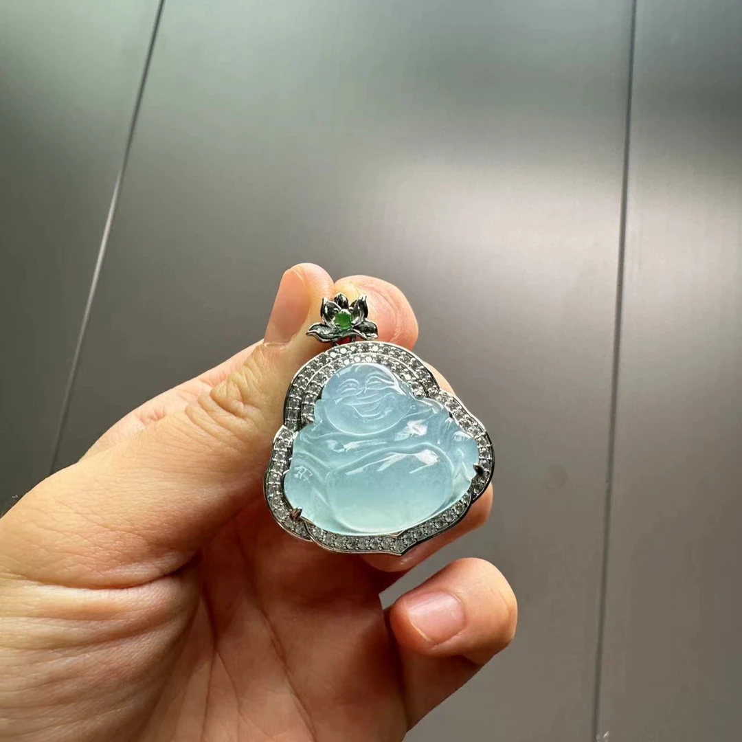 翡翠s925荷花扣头蓝水佛公吊坠