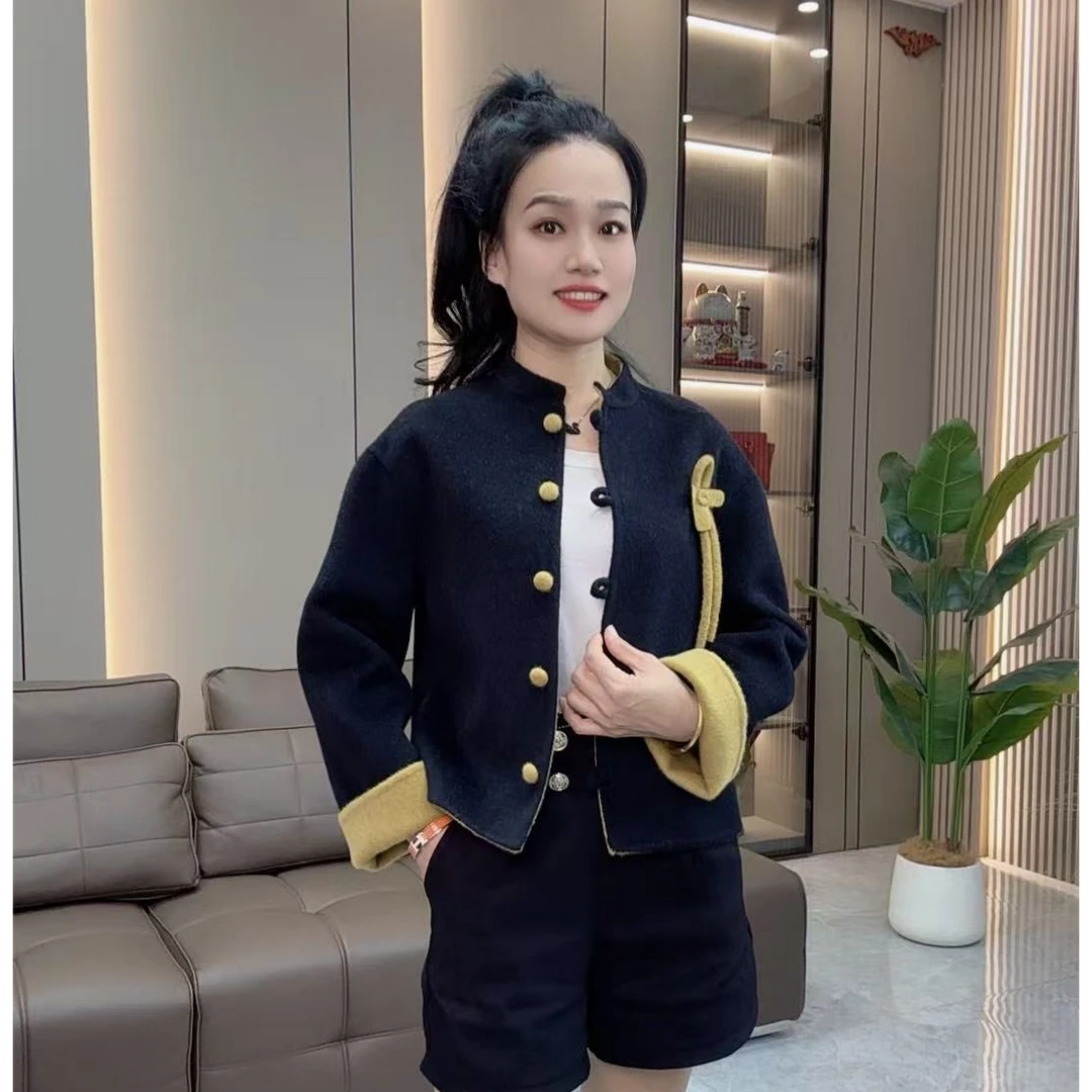 中式双面羊毛时髦大衣秋冬新款短款小个子2025毛呢外套新年8336