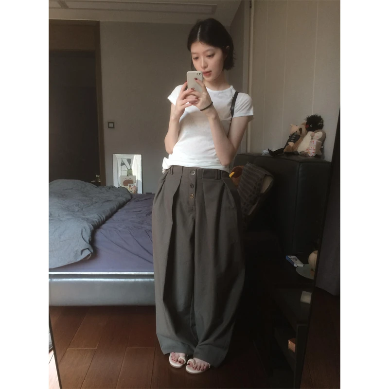 辣妹正肩短袖t恤活泼减龄休闲女春夏季纽扣前腰打褶阔腿直筒长裤