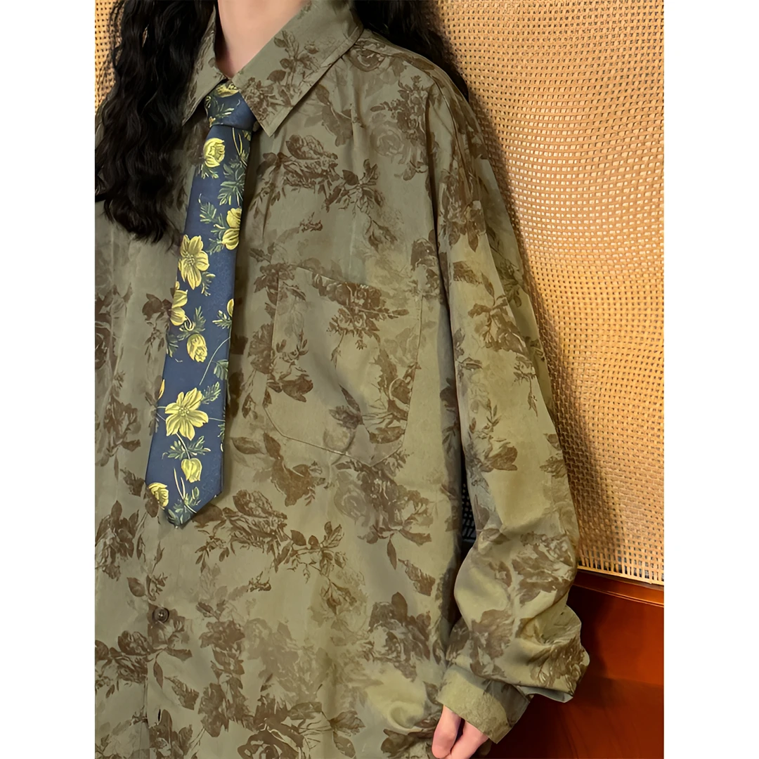 【绿色花卉长袖衬衫套装】春季古着感美式复古个性宽松潮牌衬衣女