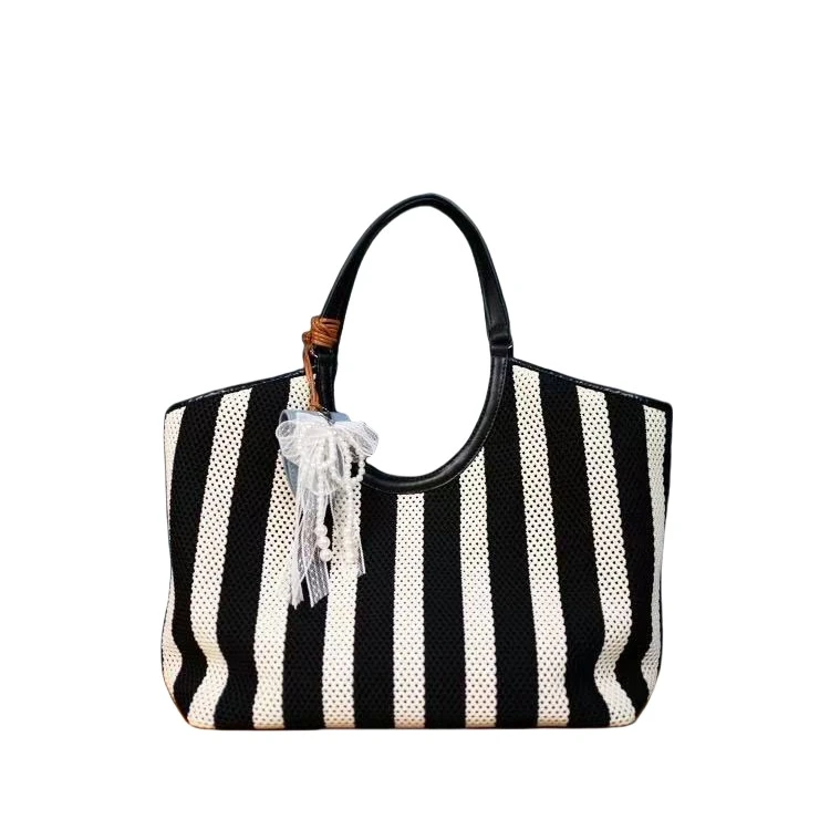 极简松弛编织包包女士2025新款黑白条纹编织腋下包海边度假托特包