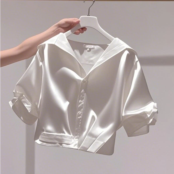 法式绸缎翻领短袖衬衫t恤女2025夏季超好看时尚百搭设计感上衣服
