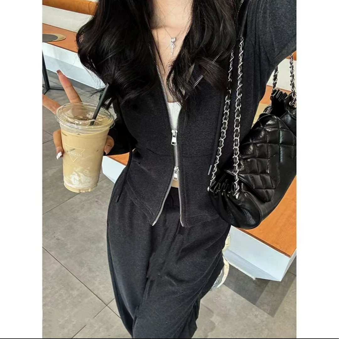 7764-时髦范（连帽卫衣外套+阔腿长裤）套装（黑色）