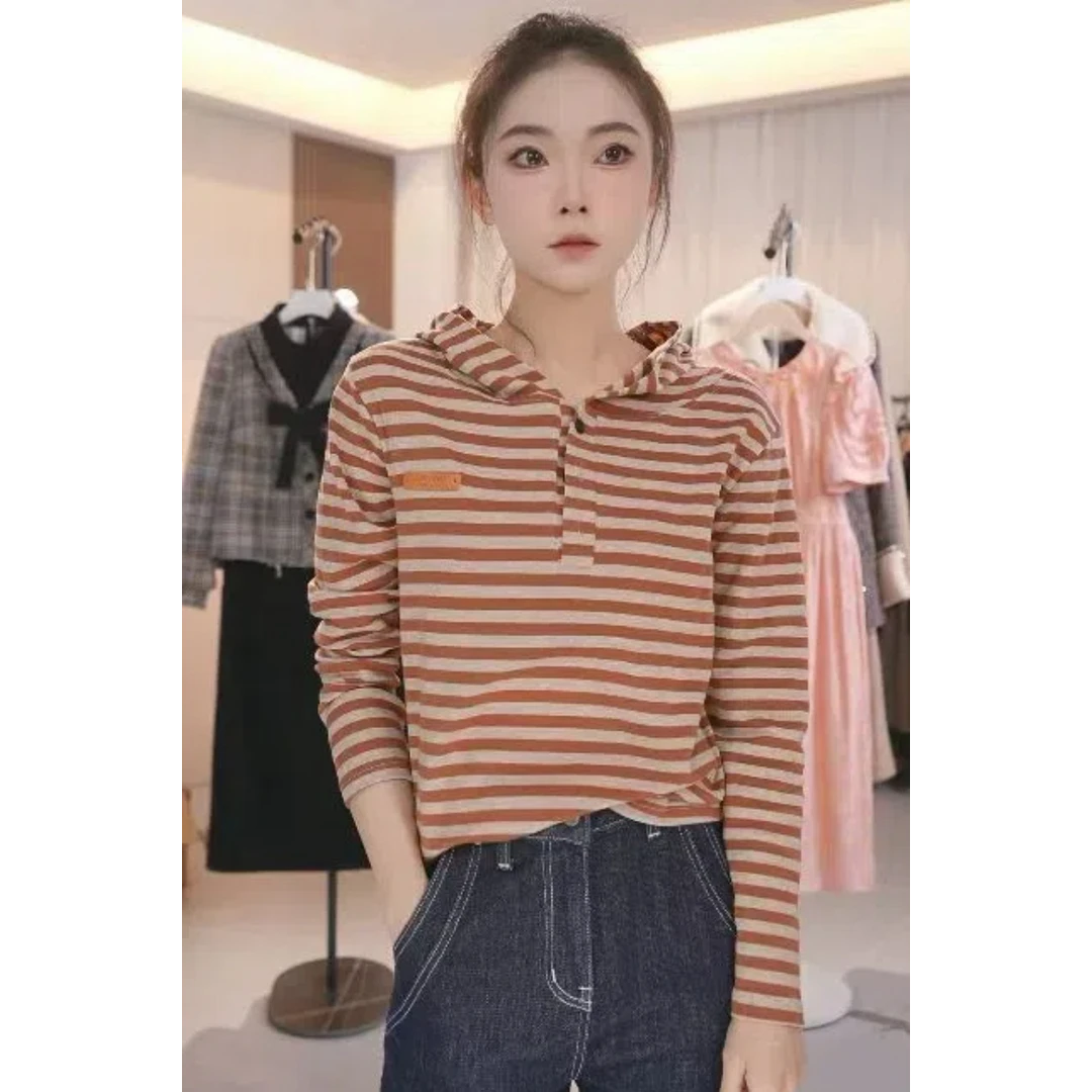 H2025年新款春季长袖连帽T恤帽衫休闲百搭显瘦条纹上衣