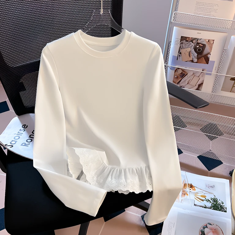 蕾丝花边长袖t恤女秋冬新款洋气叠穿内搭打底衫正肩加绒上衣外穿