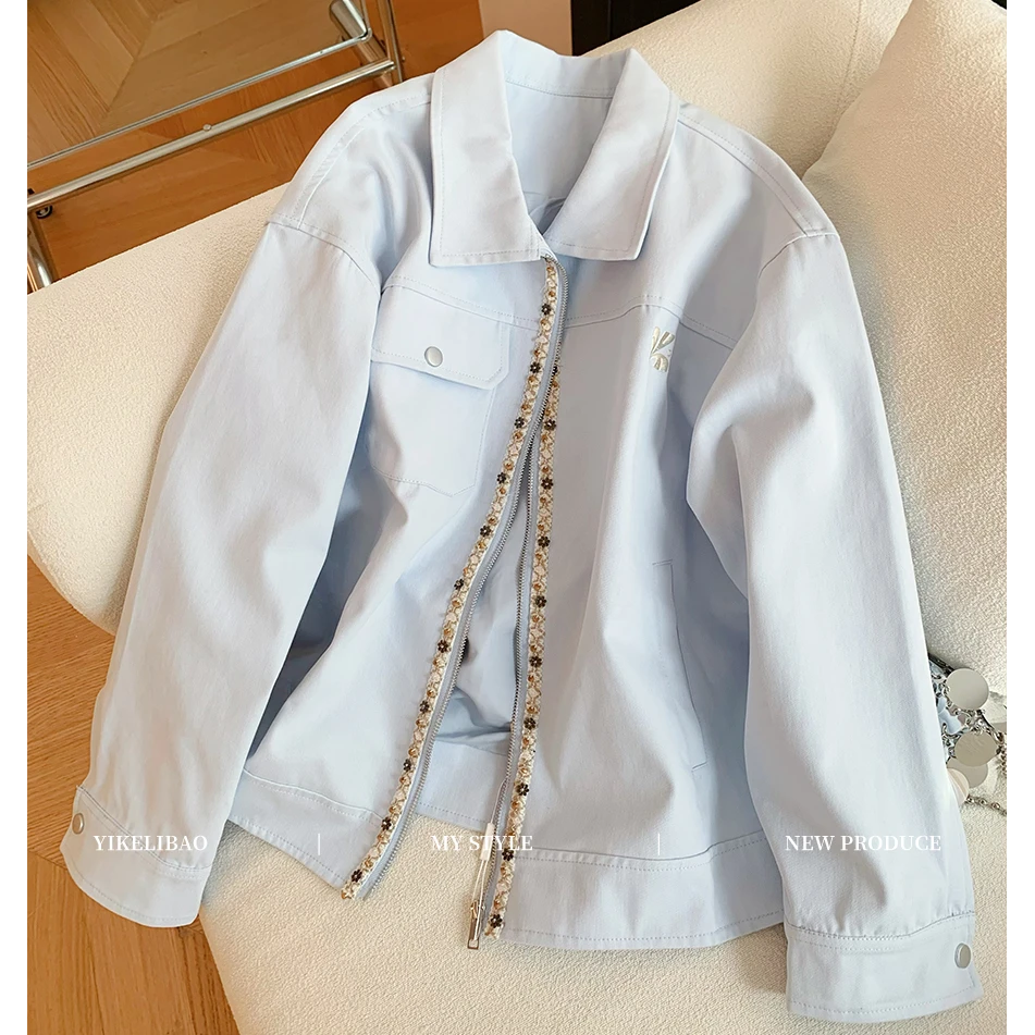 蓝色美式复古钉珠刺绣翻领外套女秋新款小众时尚气质宽松百搭夹克