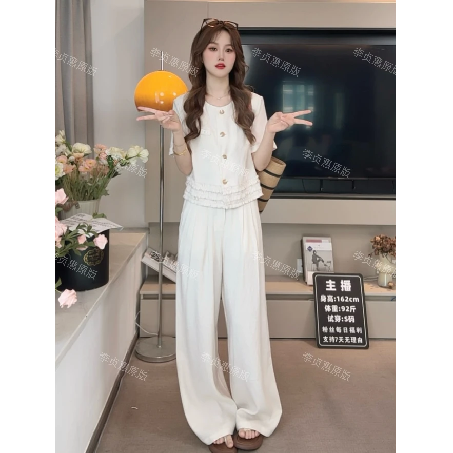 善雅/夏季夏季时尚简约平纹亚麻套装#3133上衣高腰直筒裤两件套