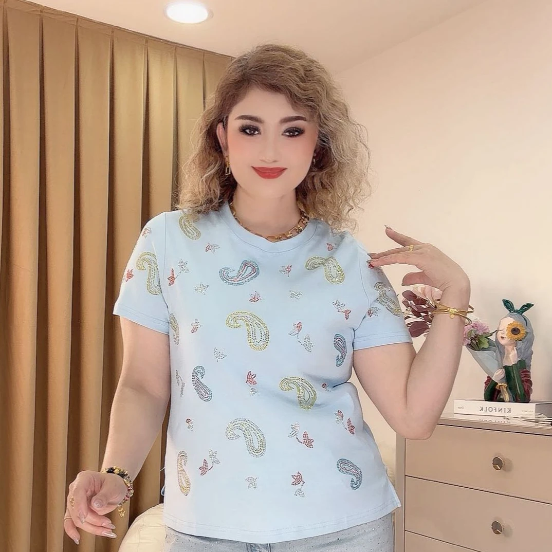 显瘦气质休闲圆领烫钻夏季370款时尚女装体恤
