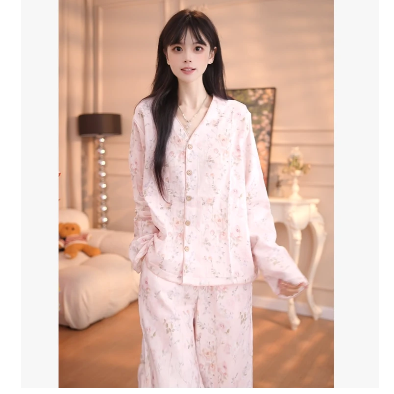 【晴雨樱花】纯棉女大码翻领家居服长袖常规款睡衣舒适家居服WQN