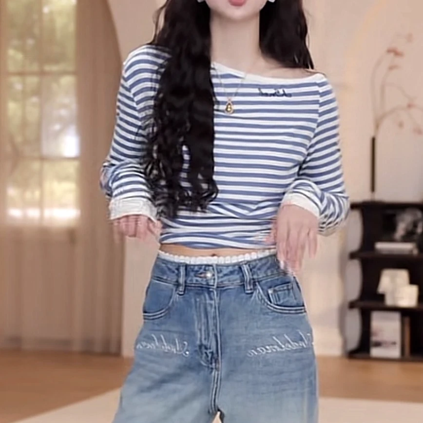 韩版春夏显瘦长袖打底百搭斜肩字母条纹长袖T恤上衣短款时尚修身