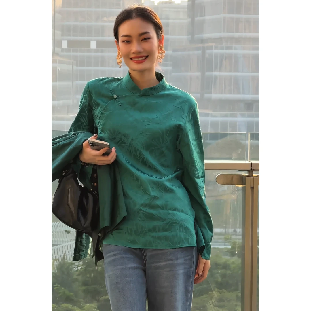 【吉娜王】「浮光竹影」新中式国潮高档多色提花百搭衬衣春夏衬衫