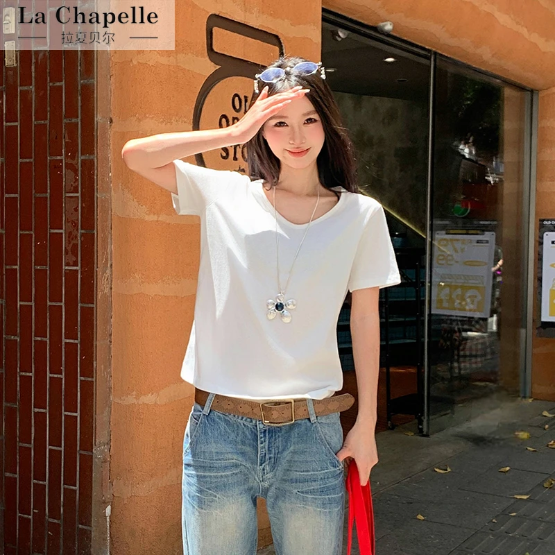 拉夏贝尔2025超火减龄上衣韩版宽松雪花棉正肩短袖t恤夏纯色薄款